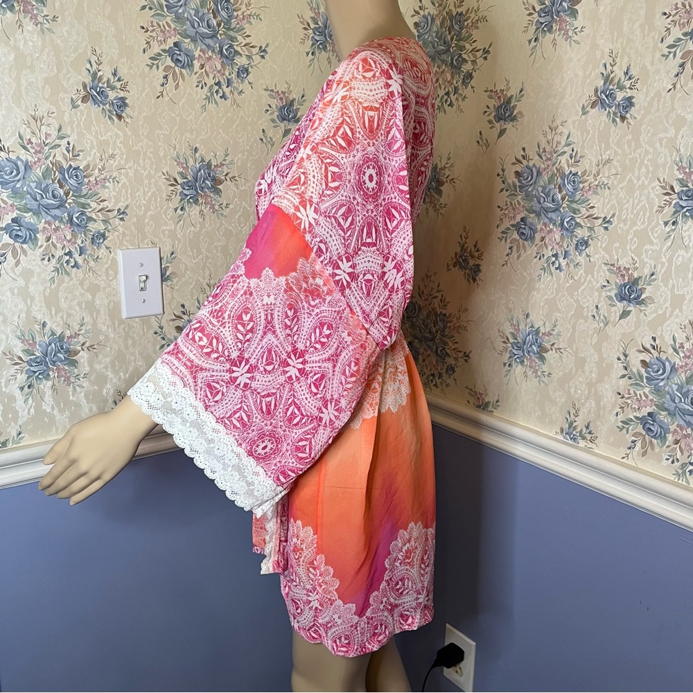In Bloom Ombre Bright Pink & Orange Boho Beach Sheer Lace Kimono Robe, Size M - Picture 4 of 11